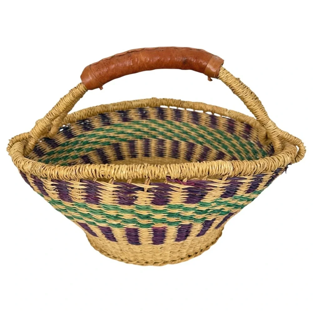 African Bolga Market Basket Handwoven Ghana Tote Leather Handle Large 12